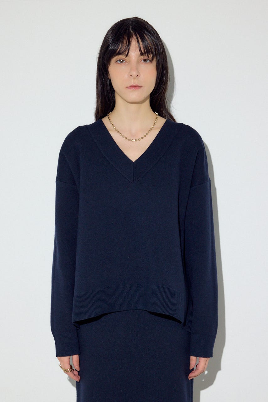 スウェットライクVネックニット NVY S