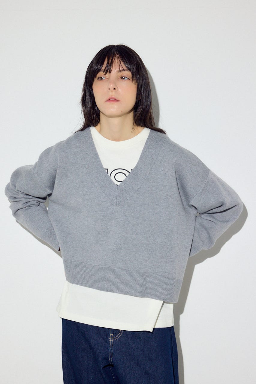 スウェットライクVネックニット T.GRY M