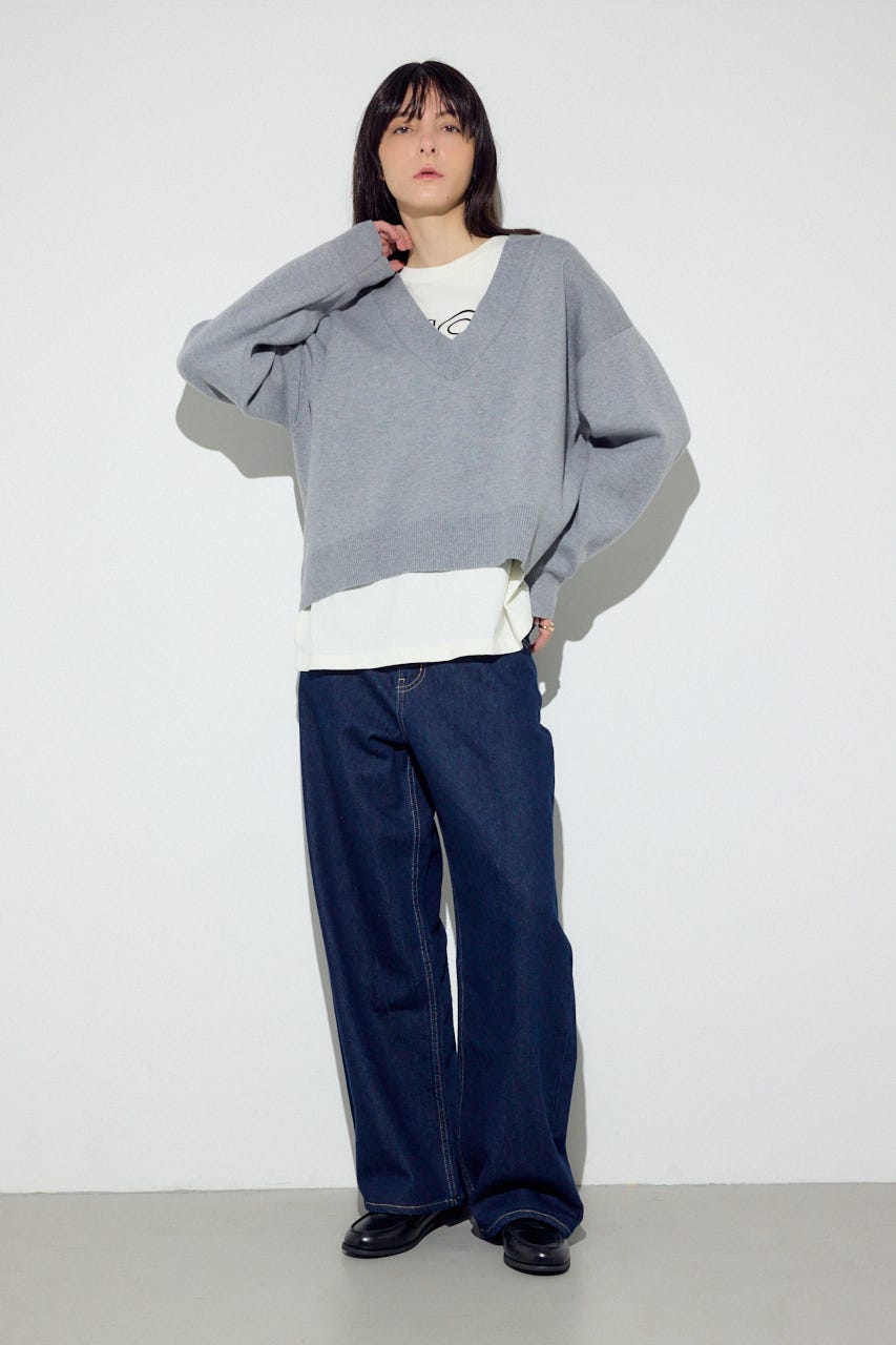 スウェットライクVネックニット T.GRY M