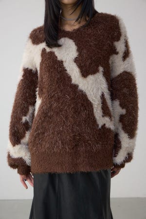 ニュアンスカウ柄Vネックニットトップス