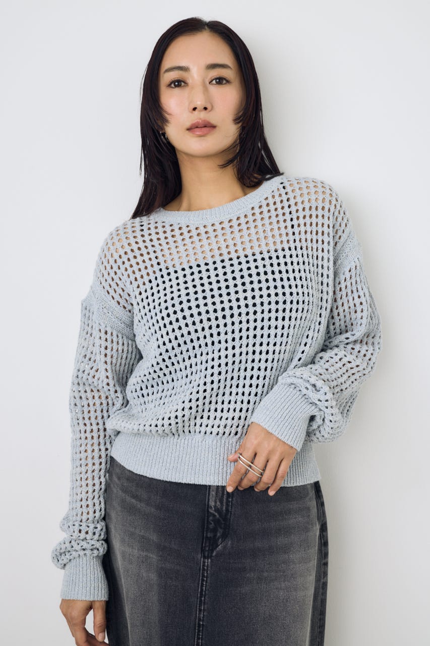 クロップドメッシュニット L/BLU M