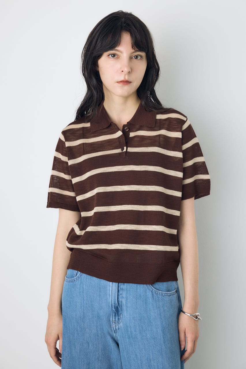 シアーポロニットトップス 柄BRN S