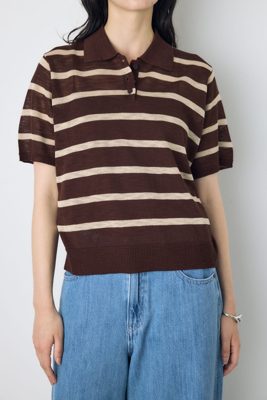 シアーポロニットトップス 柄BRN S