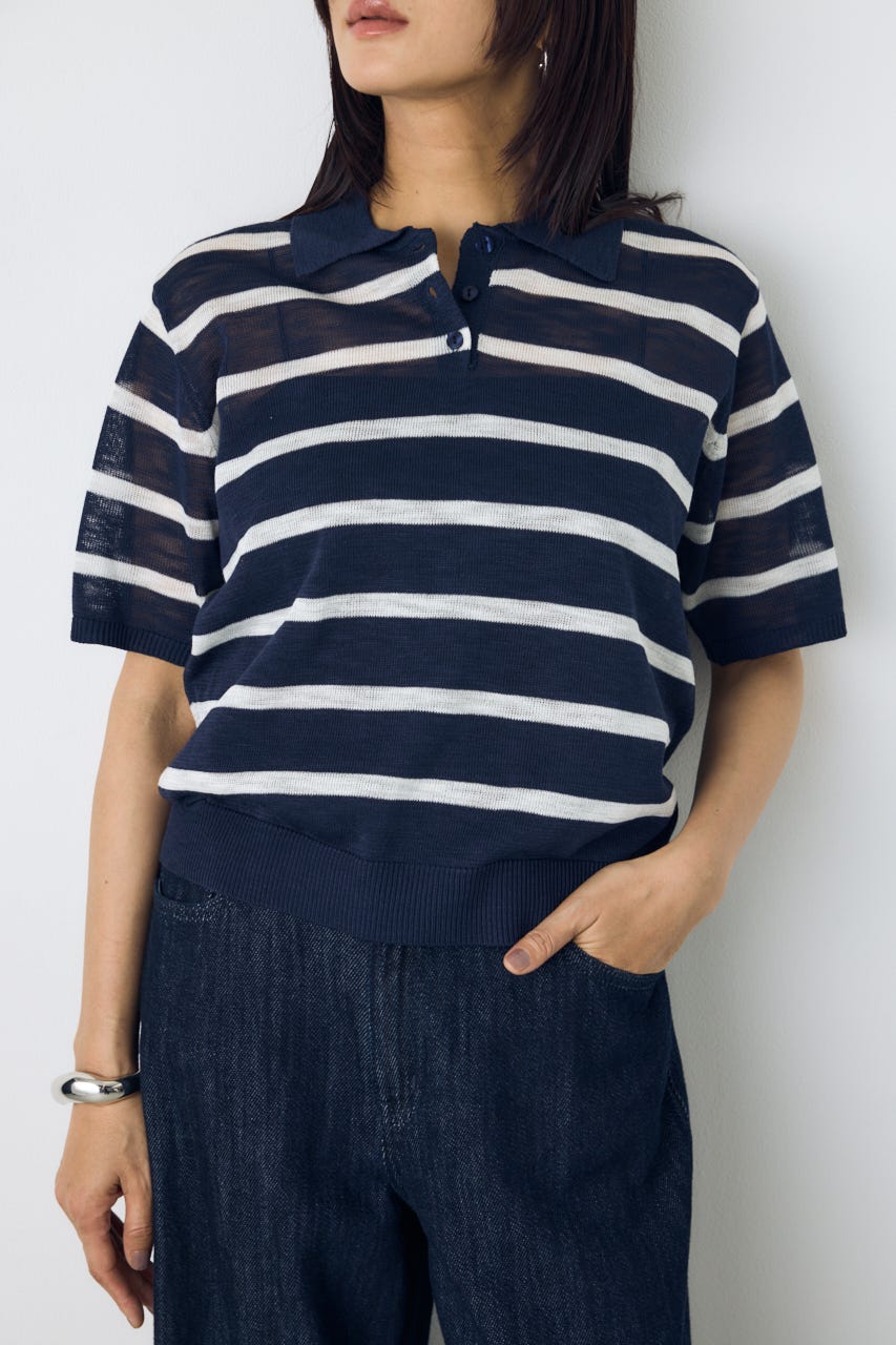 シアーポロニットトップス 柄NVY S