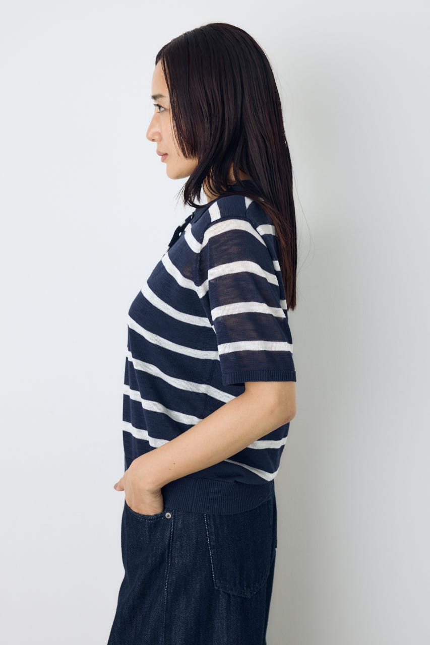 シアーポロニットトップス 柄NVY S