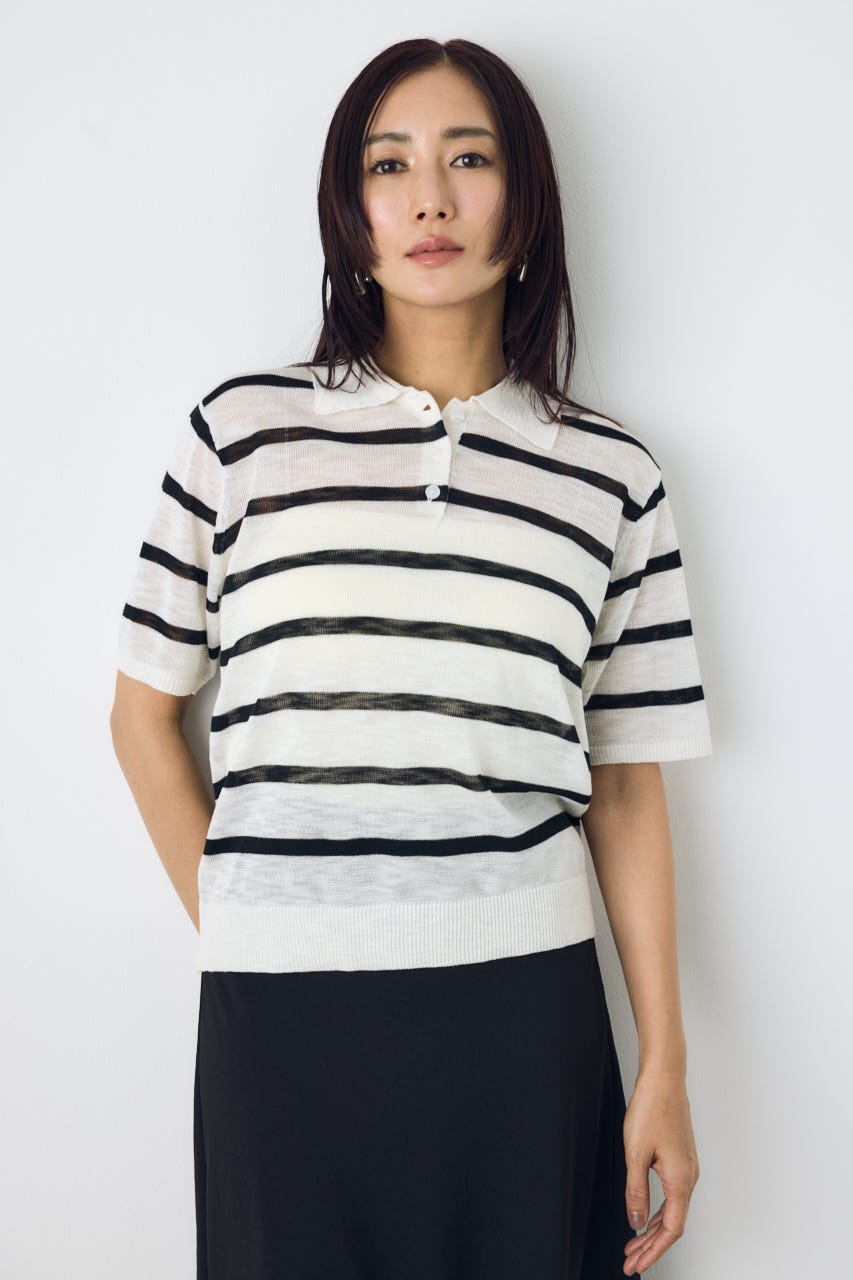 シアーポロニットトップス 柄WHT M