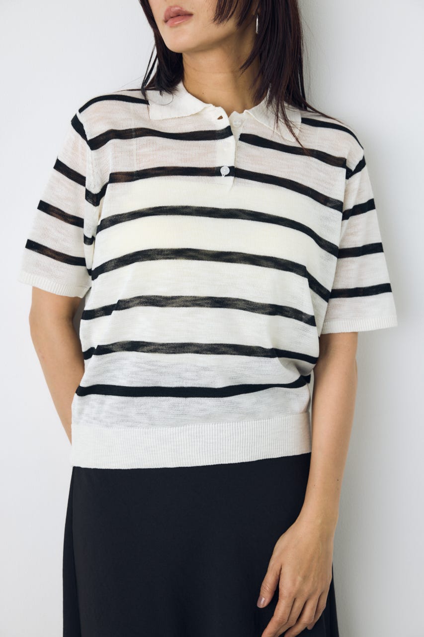 シアーポロニットトップス 柄WHT M