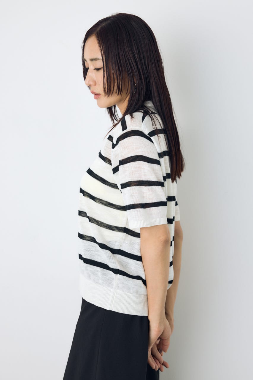 シアーポロニットトップス 柄WHT M
