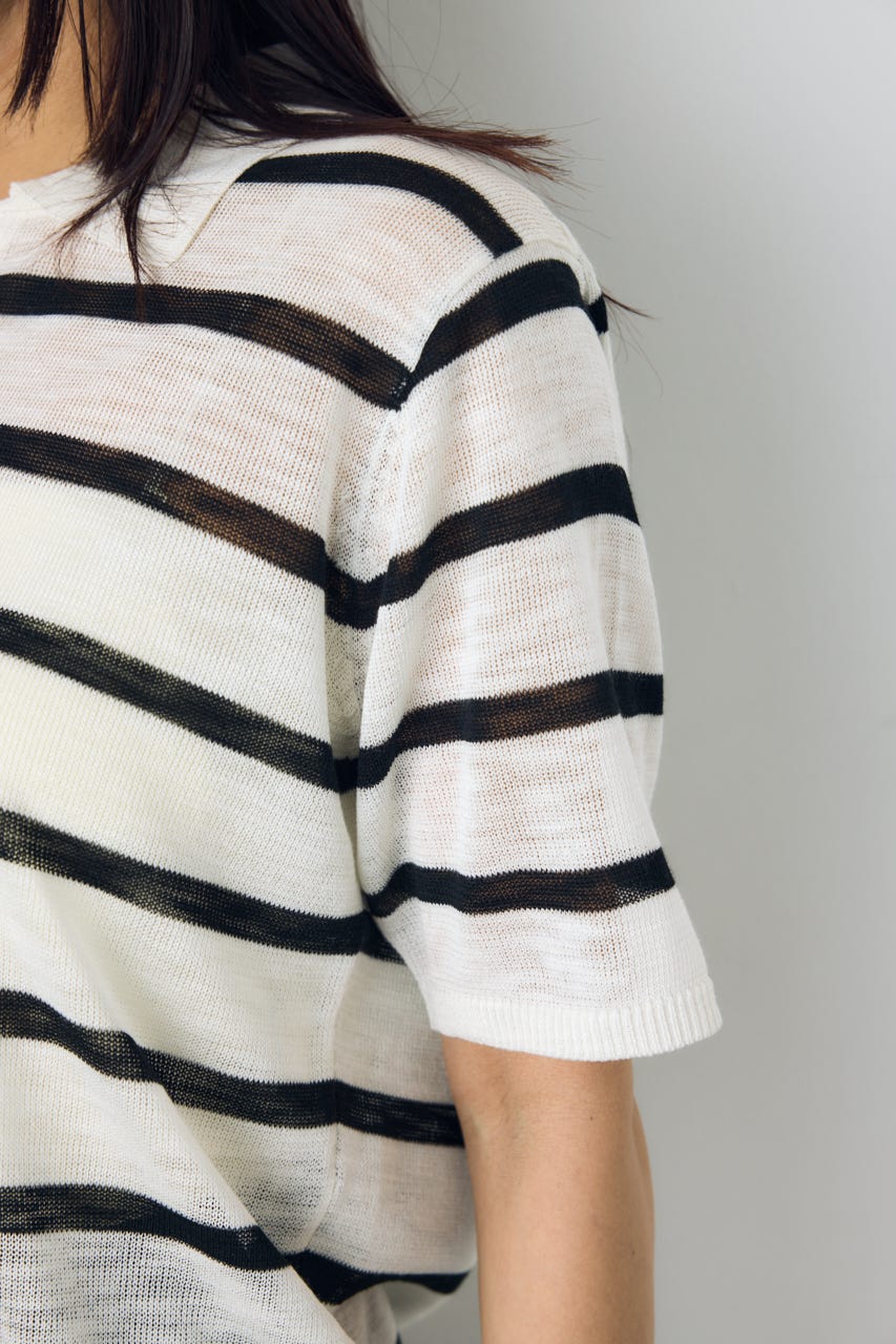シアーポロニットトップス 柄WHT M