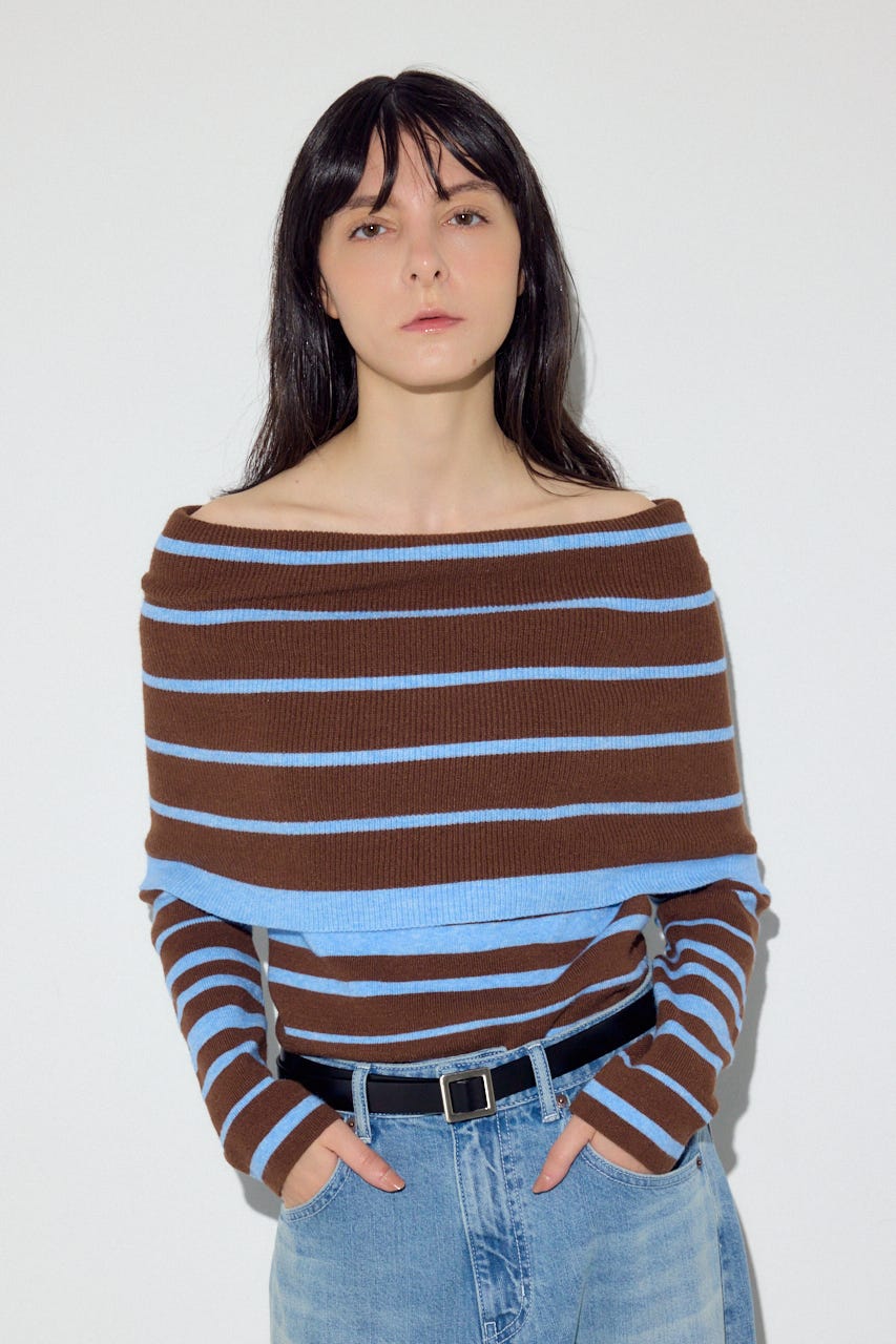 オフショルニットトップス 柄BRN FREE