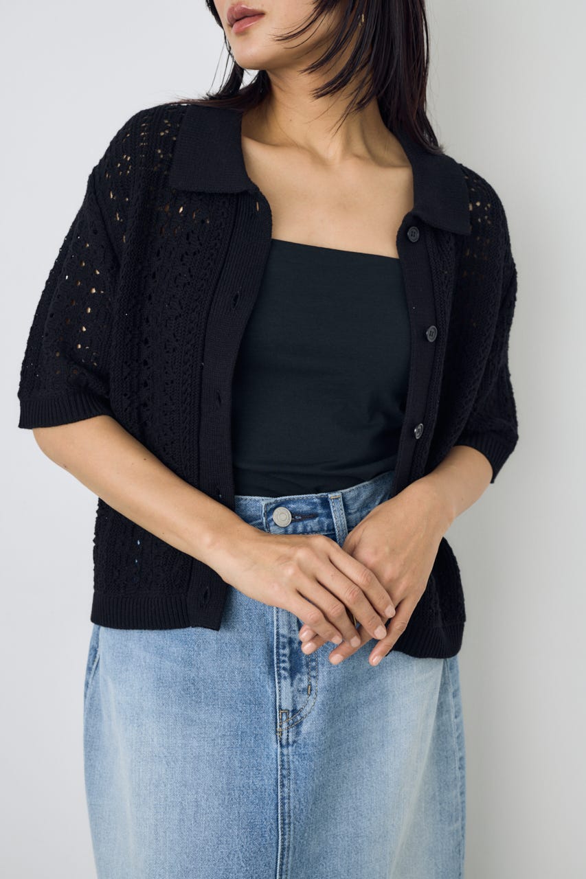 クロシェニットポロカラーカーディガン BLK FREE