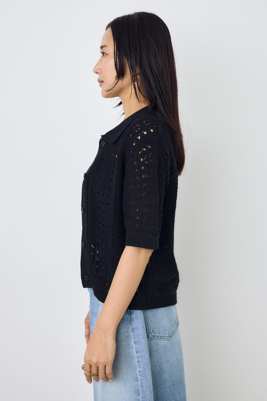 クロシェニットポロカラーカーディガン BLK FREE