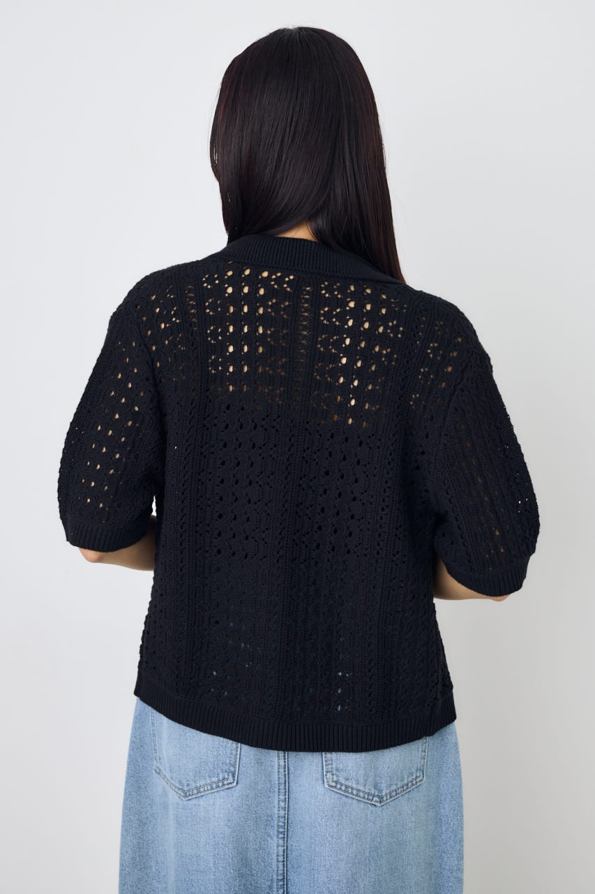 クロシェニットポロカラーカーディガン BLK FREE