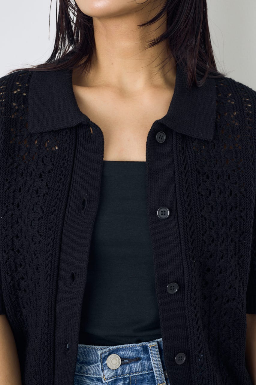 クロシェニットポロカラーカーディガン BLK FREE