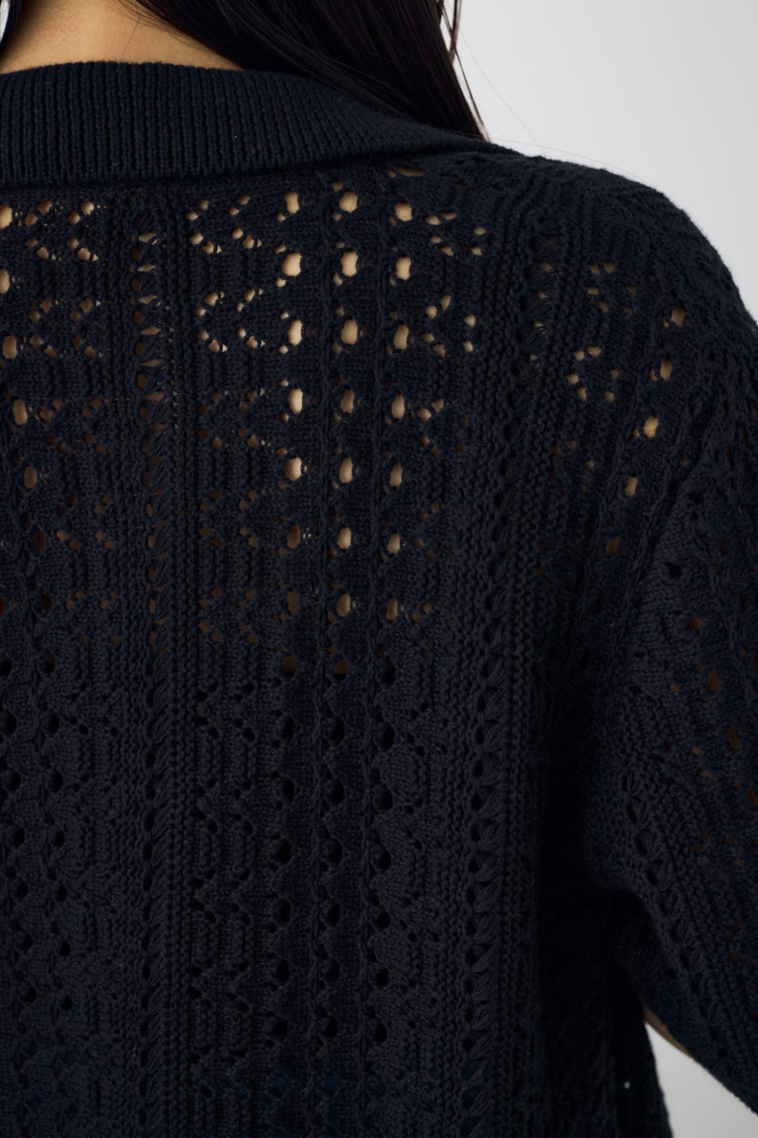 クロシェニットポロカラーカーディガン BLK FREE