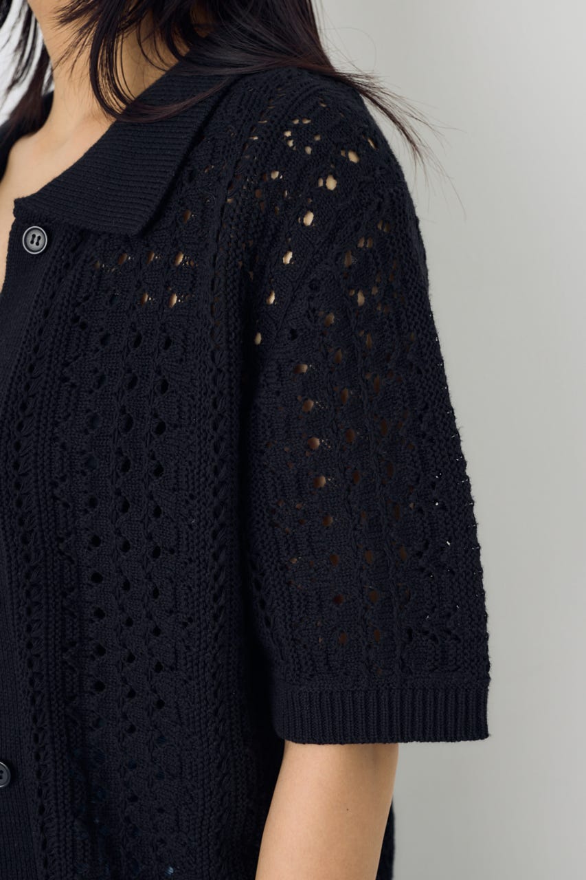 クロシェニットポロカラーカーディガン BLK FREE