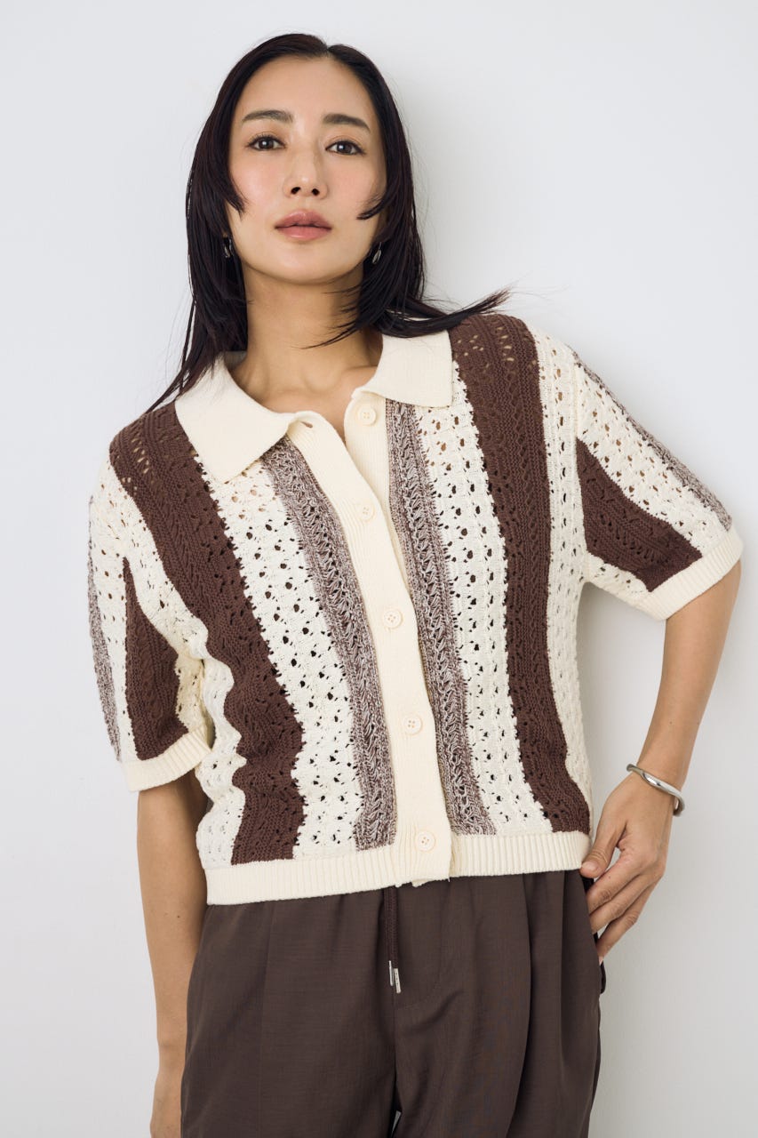 クロシェニットポロカラーカーディガン 柄BRN FREE