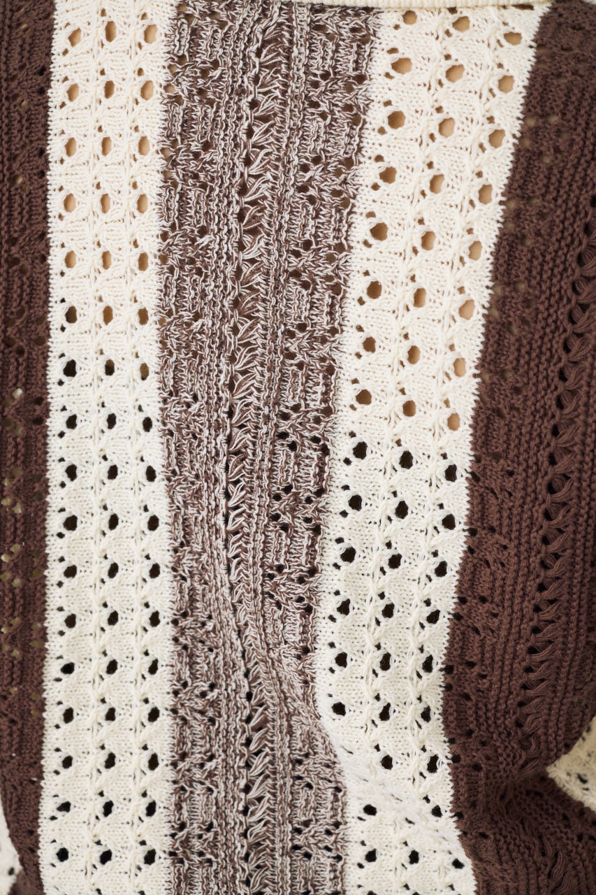 クロシェニットポロカラーカーディガン 柄BRN FREE