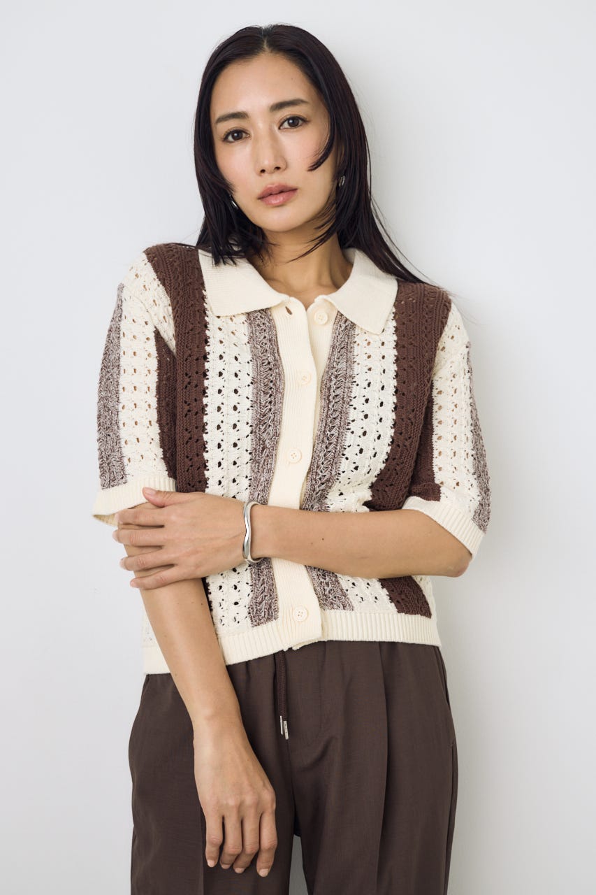 クロシェニットポロカラーカーディガン 柄BRN FREE