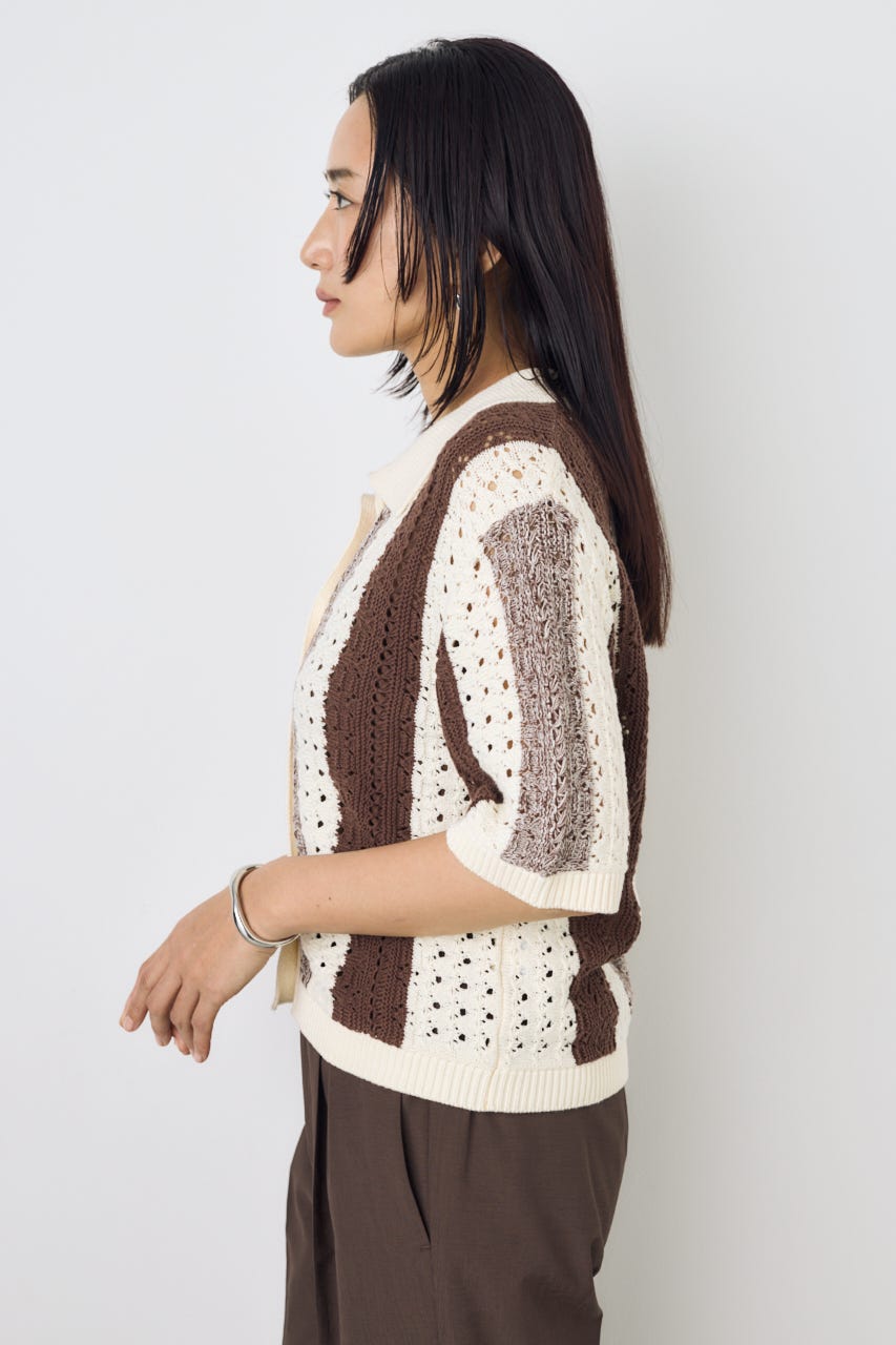 クロシェニットポロカラーカーディガン 柄BRN FREE