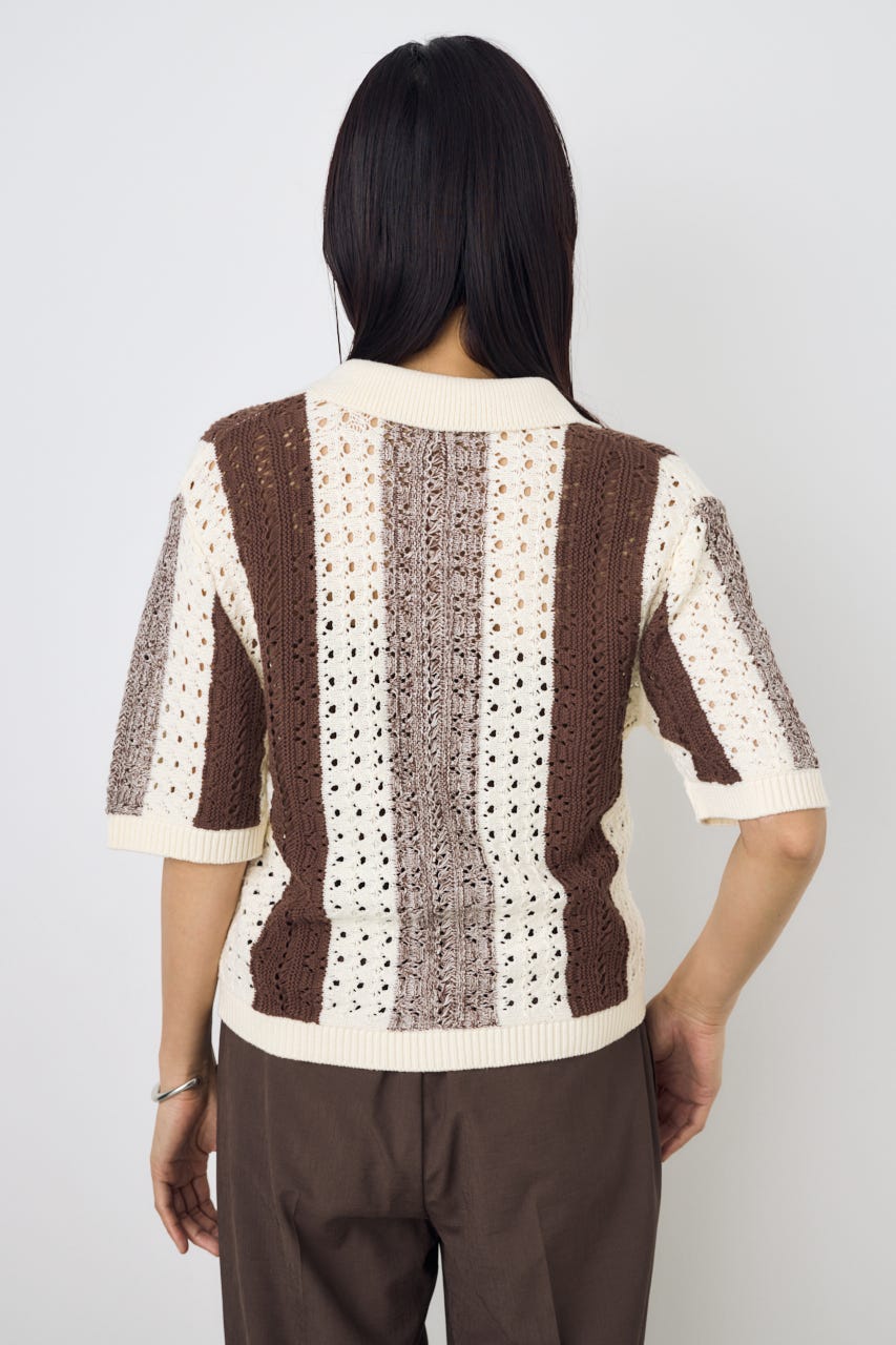 クロシェニットポロカラーカーディガン 柄BRN FREE