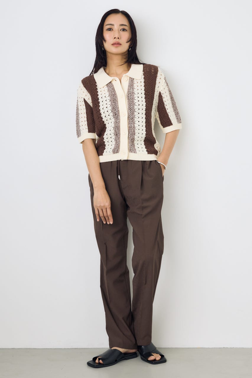 クロシェニットポロカラーカーディガン 柄BRN FREE