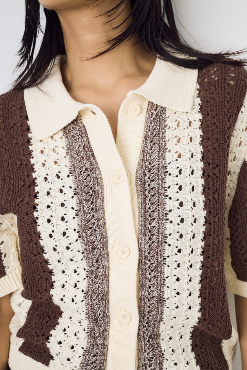 クロシェニットポロカラーカーディガン 柄BRN FREE