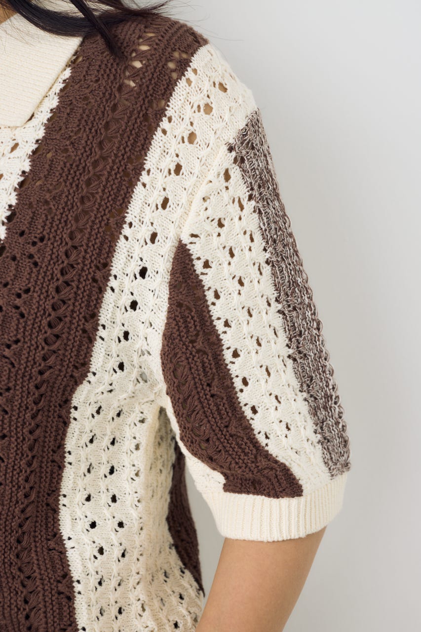 クロシェニットポロカラーカーディガン 柄BRN FREE