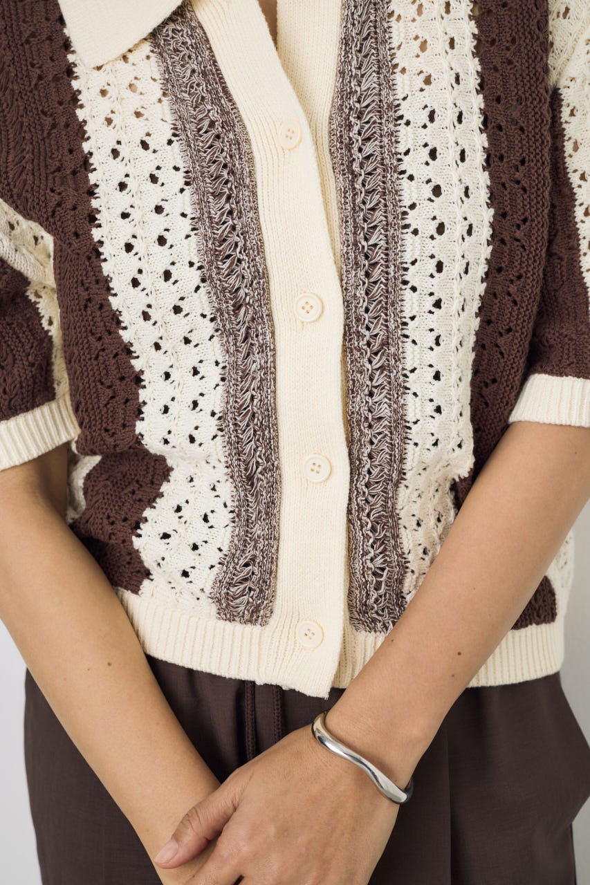 クロシェニットポロカラーカーディガン 柄BRN FREE