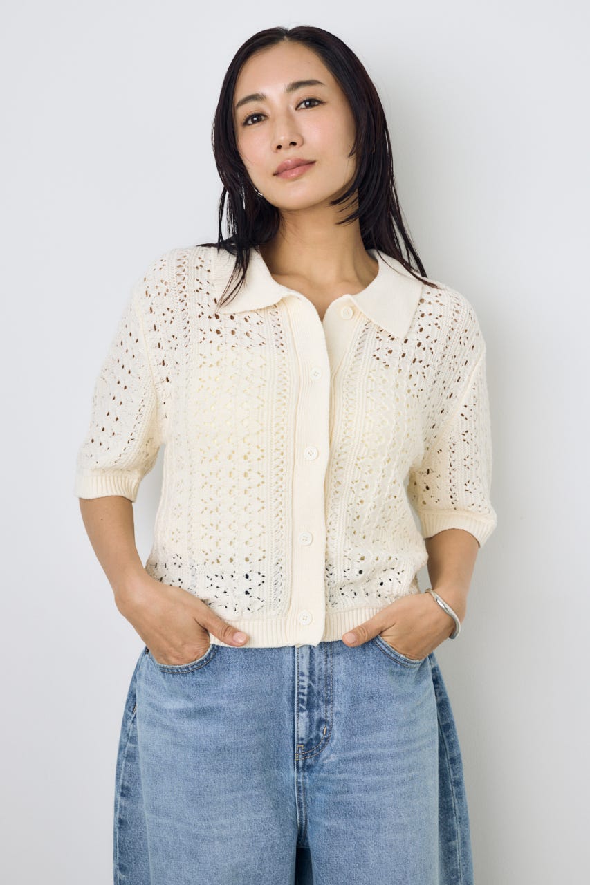 クロシェニットポロカラーカーディガン O/WHT FREE