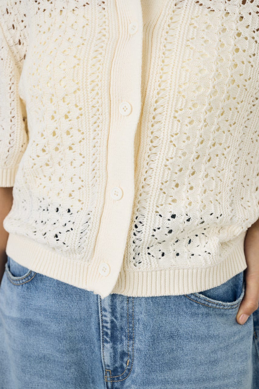 クロシェニットポロカラーカーディガン O/WHT FREE