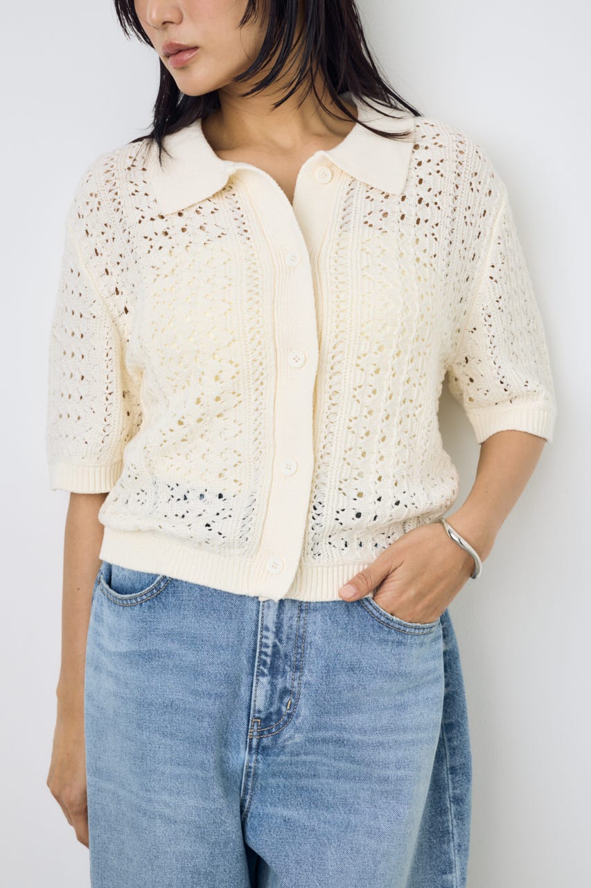 クロシェニットポロカラーカーディガン O/WHT FREE