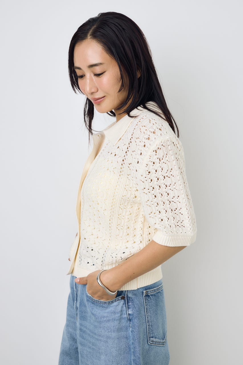 クロシェニットポロカラーカーディガン O/WHT FREE