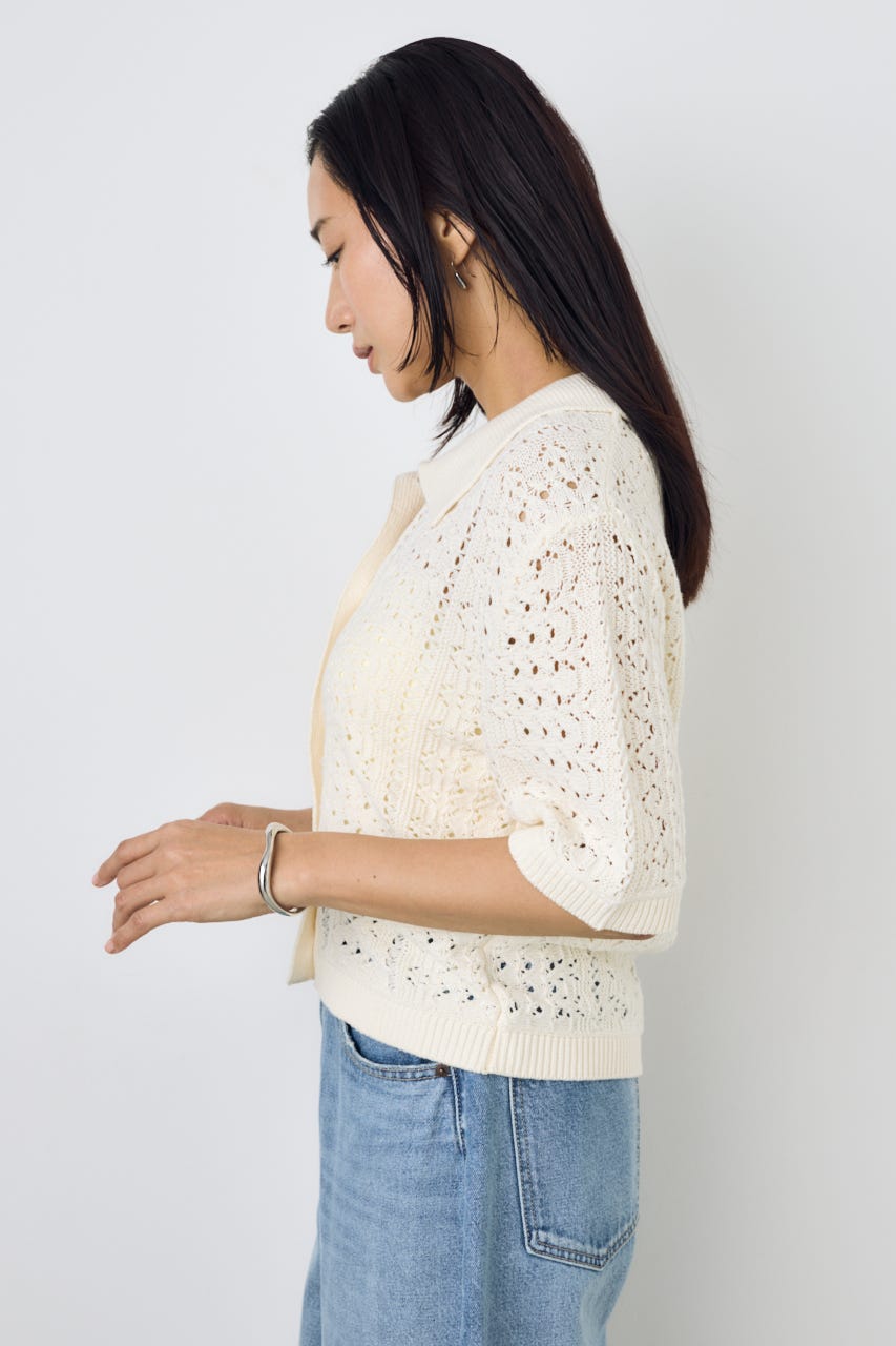 クロシェニットポロカラーカーディガン O/WHT FREE