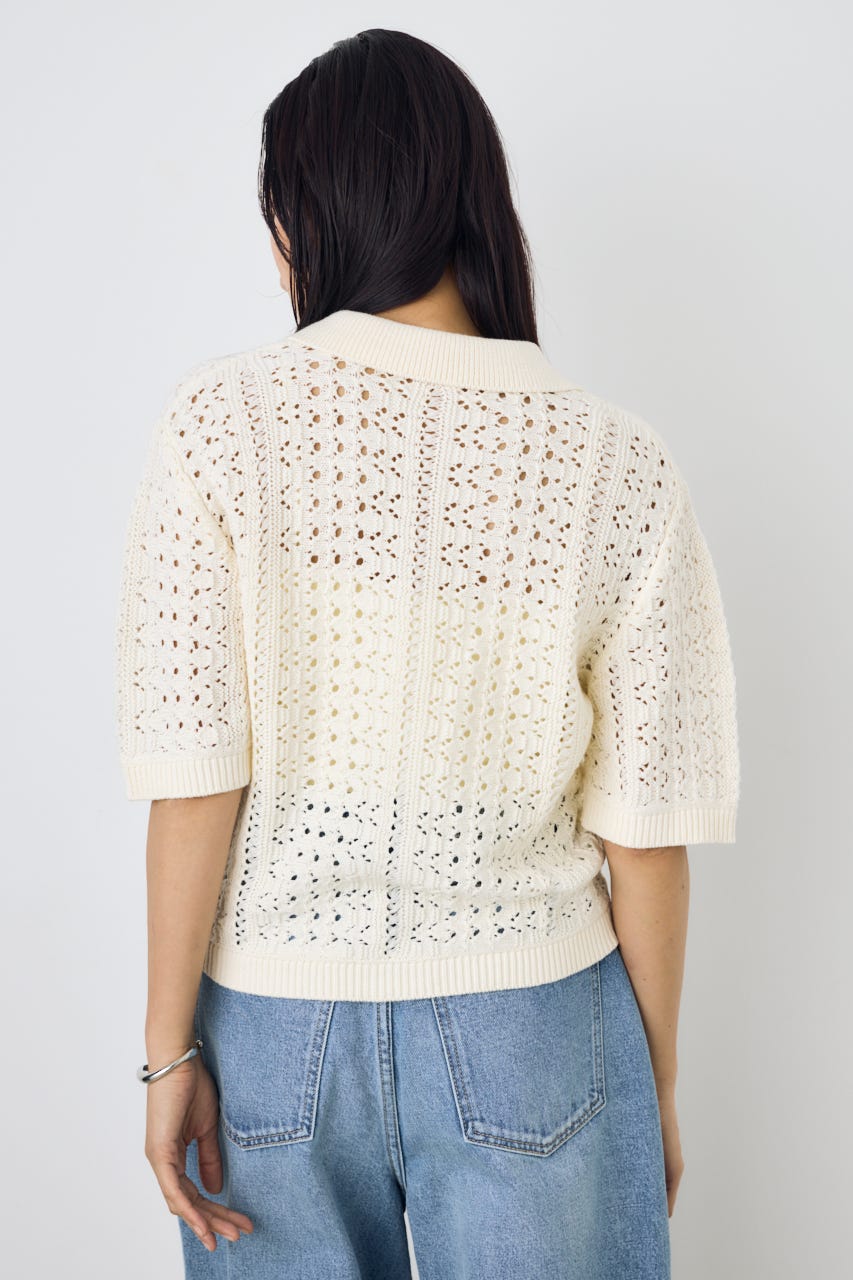 クロシェニットポロカラーカーディガン O/WHT FREE