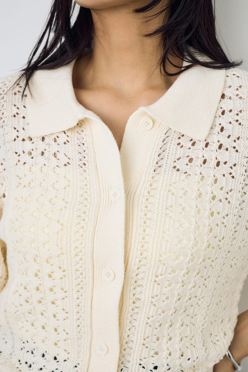 クロシェニットポロカラーカーディガン O/WHT FREE