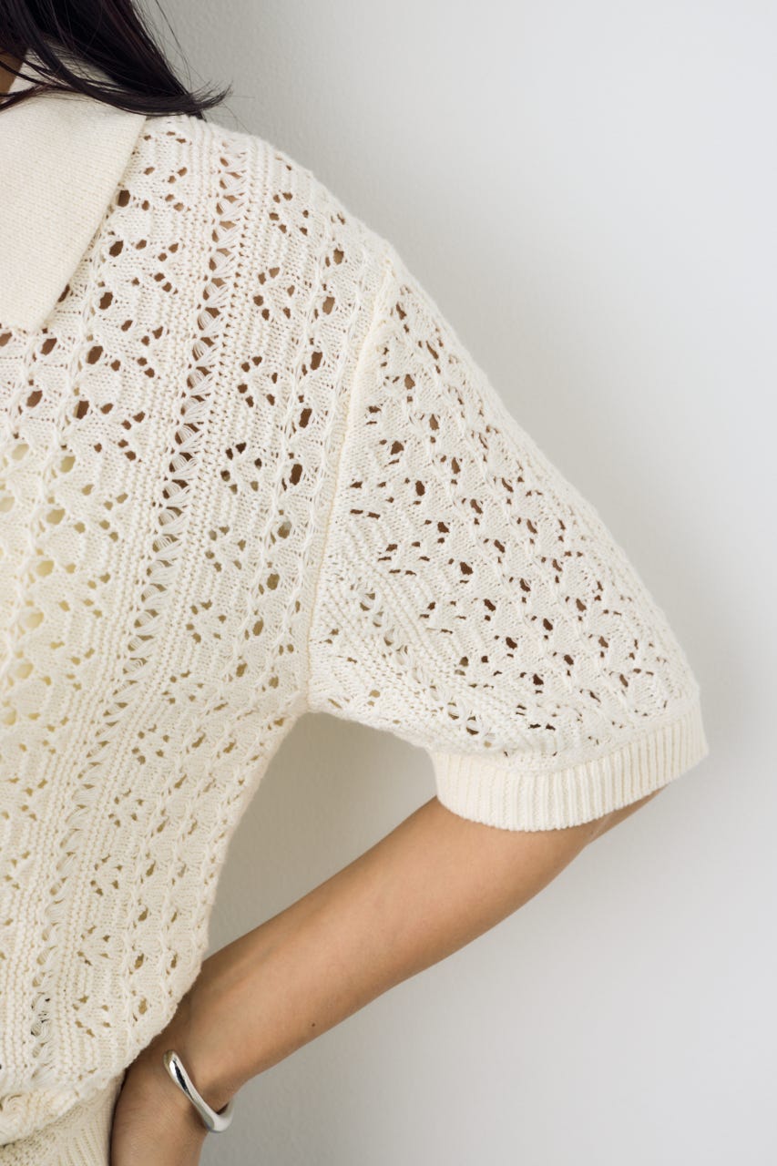 クロシェニットポロカラーカーディガン O/WHT FREE