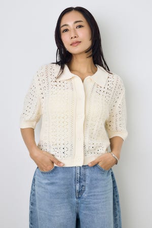 クロシェニットポロカラーカーディガン