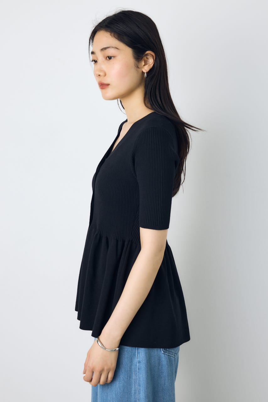 ペプラム5分袖ニットカーディガン BLK FREE