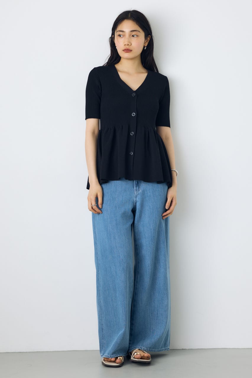ペプラム5分袖ニットカーディガン BLK FREE