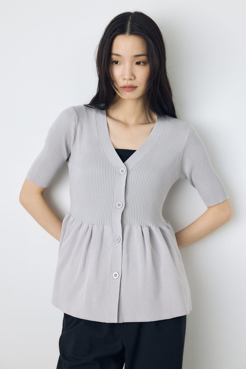 ペプラム5分袖ニットカーディガン L/GRY FREE