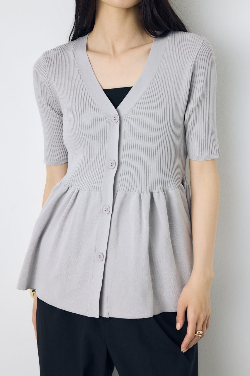 ペプラム5分袖ニットカーディガン L/GRY FREE