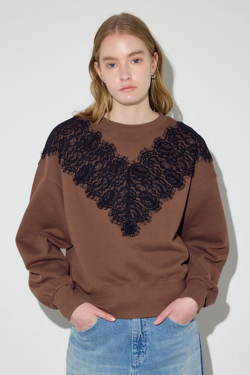 バイカラーレースクルーネックスウェット BRN FREE