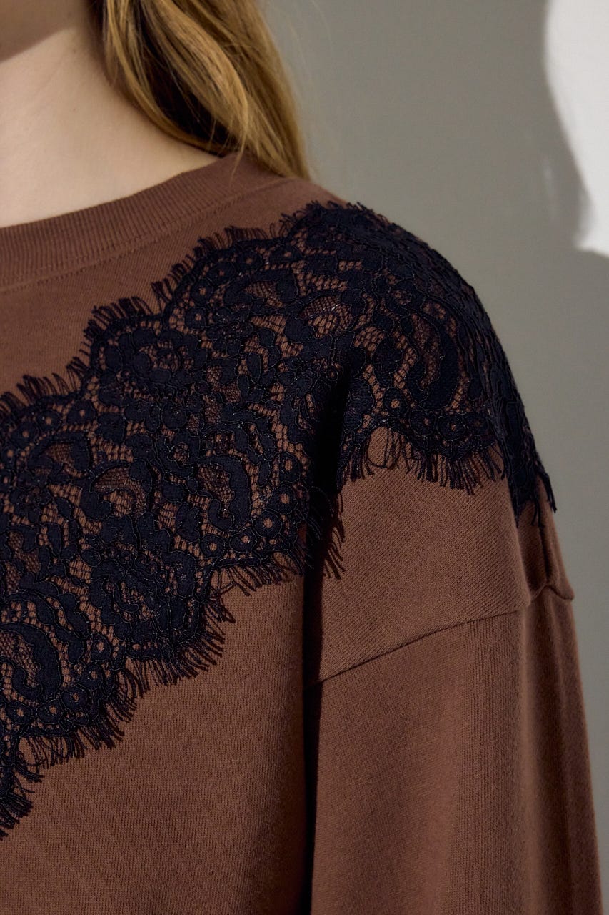 バイカラーレースクルーネックスウェット BRN FREE