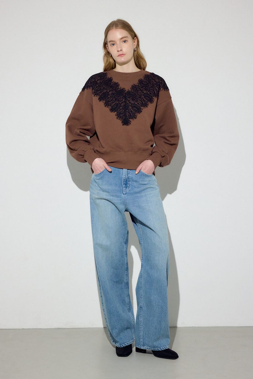 バイカラーレースクルーネックスウェット BRN FREE