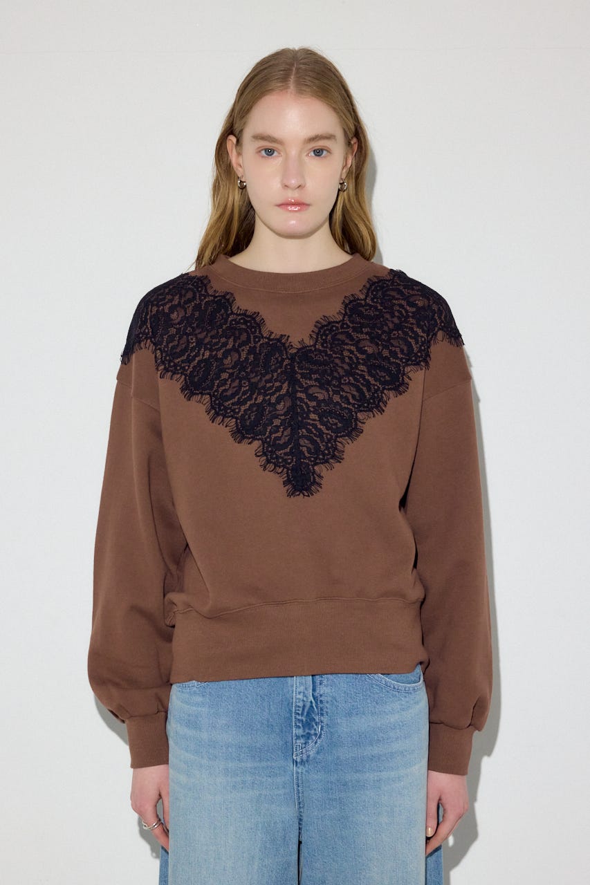 バイカラーレースクルーネックスウェット BRN FREE