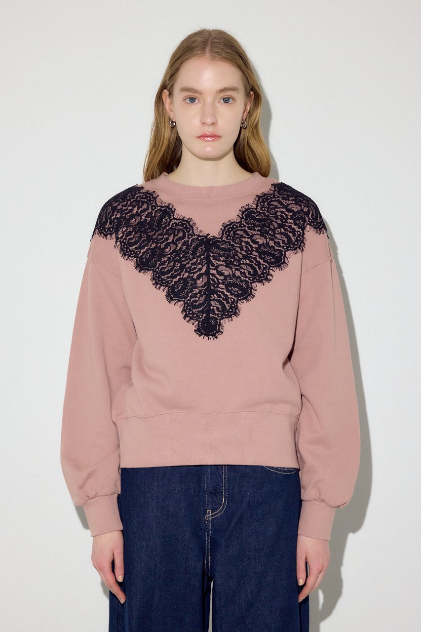 バイカラーレースクルーネックスウェット PNK FREE