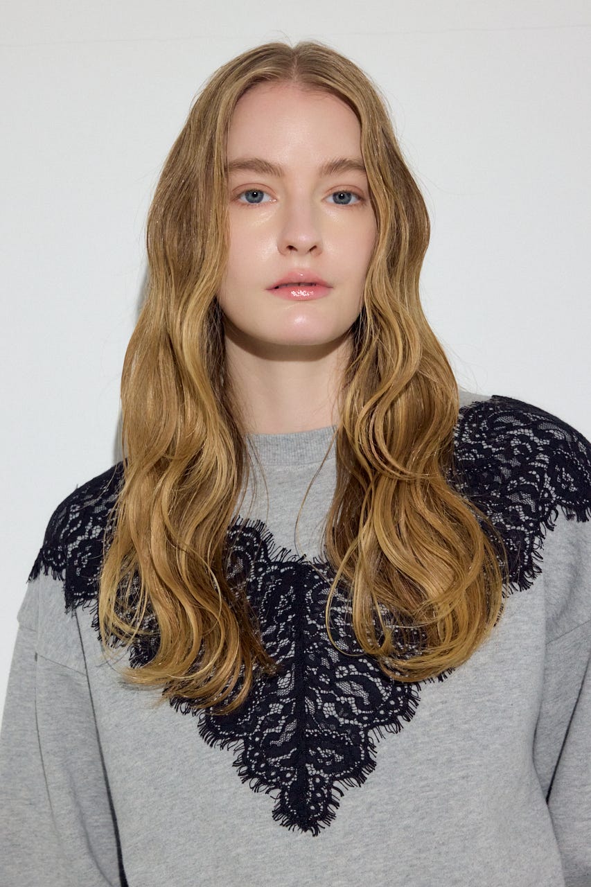 バイカラーレースクルーネックスウェット T.GRY FREE