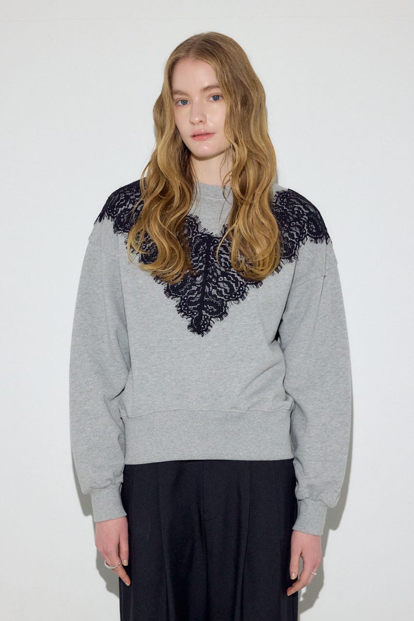バイカラーレースクルーネックスウェット T.GRY FREE