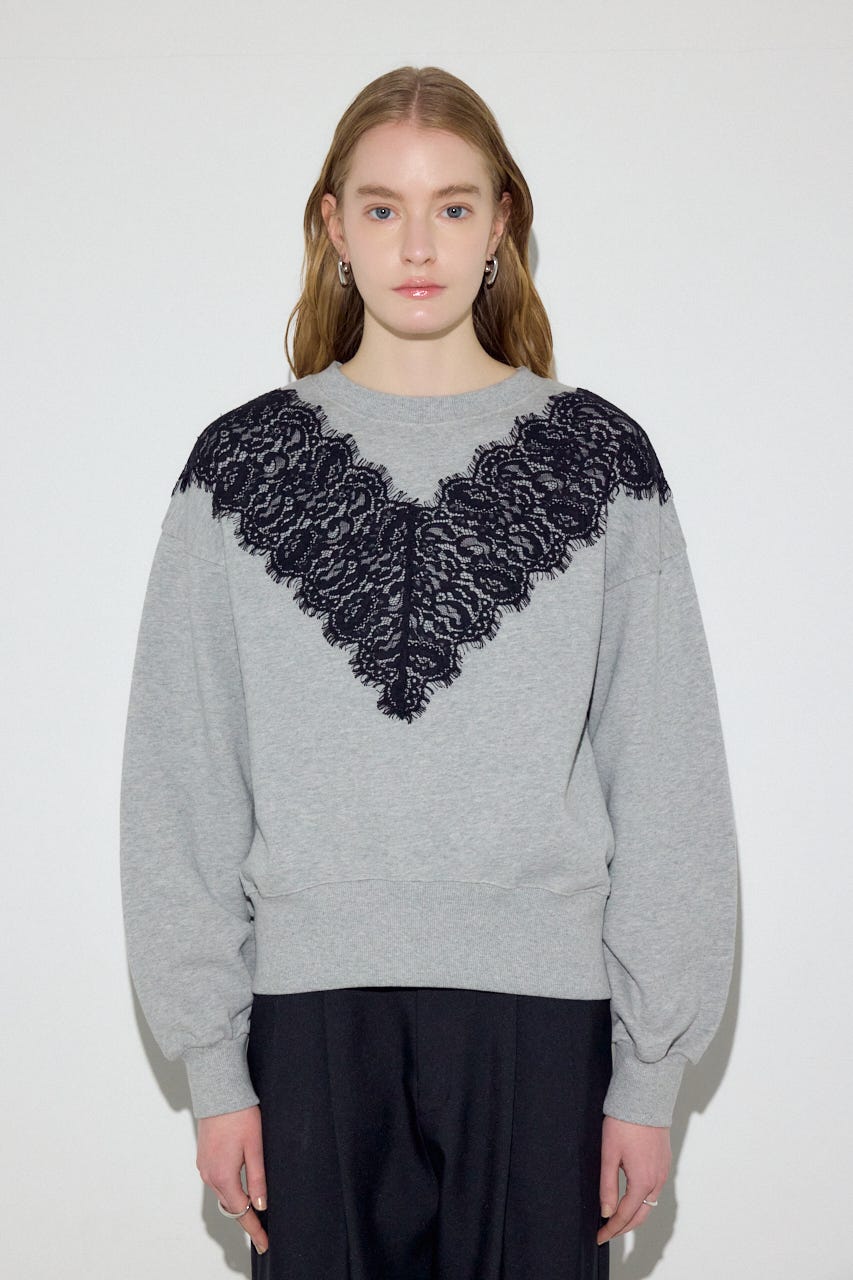 バイカラーレースクルーネックスウェット T.GRY FREE